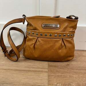 B. Makowsky Camel Brown Studded Leather Crossbody Bag, like new